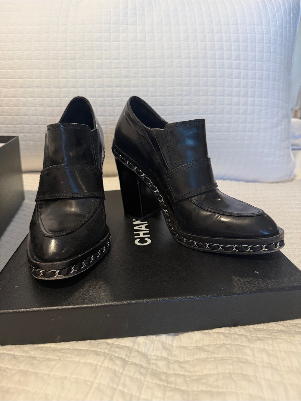 CHANEL Black Leather Chain-Trim Block Heel Loafers